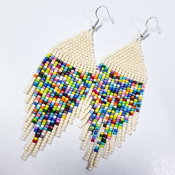 Hand Crafted Jewelry - Handmade Seed Bead Fringe Earrings "Pixelated Rainbow in Ivory"